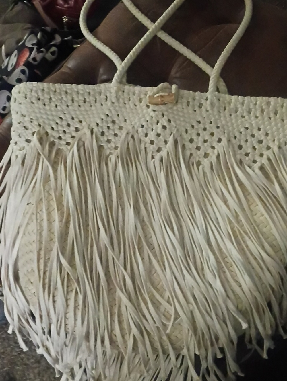 Boho Fringe Beach Tote Bag in Cream
